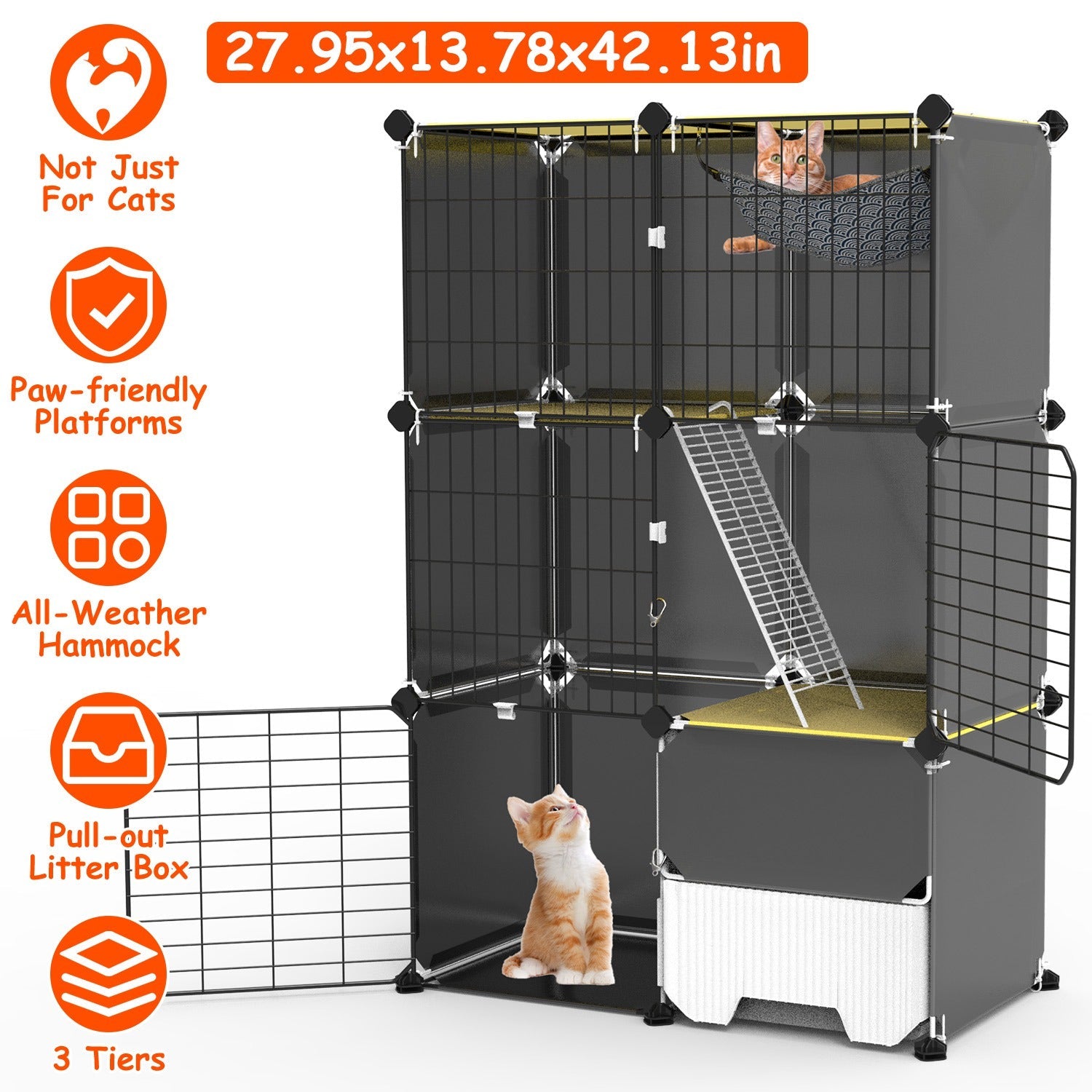 KFX-6754877 3-Tier Indoor Cat Cage with Litter Box, Hammock, and Ladder for Kittens