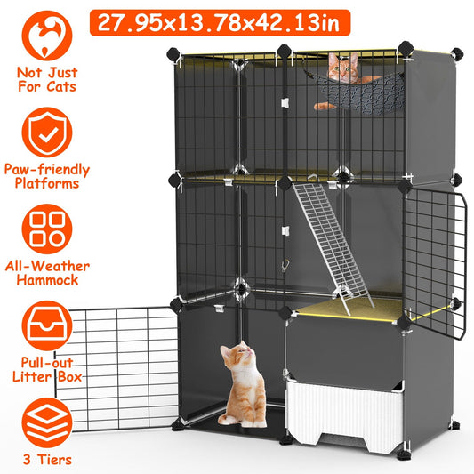 KFX-6754877 3-Tier Indoor Cat Cage with Litter Box, Hammock, and Ladder for Kittens