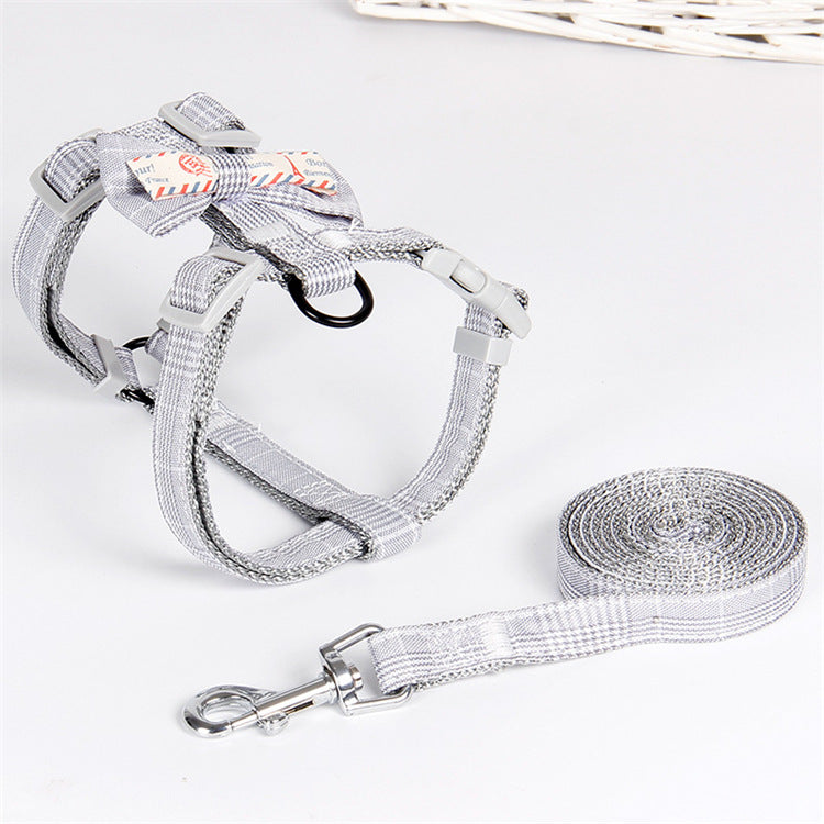 KFX-6755005 Fashion Simple Lattice Bow Pet Leash in Pink, Light Green, Light Gray, and Dark Gray for Small to Medium Pets