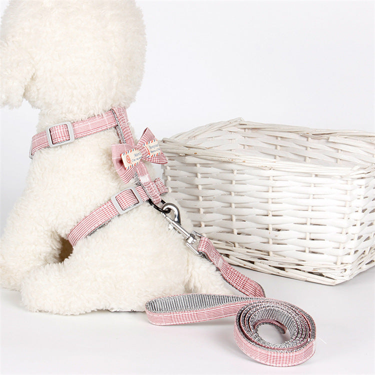 KFX-6755005 Fashion Simple Lattice Bow Pet Leash in Pink, Light Green, Light Gray, and Dark Gray for Small to Medium Pets