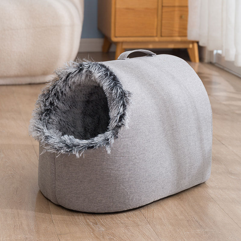 KFX-6755261 Cozy Fleece-Lined Cat Sleeping Bag Nest - Portable in Gray and Brown, Sizes M & L