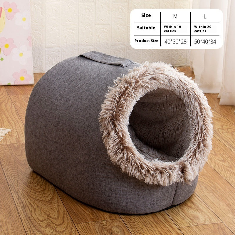 KFX-6755261 Cozy Fleece-Lined Cat Sleeping Bag Nest - Portable in Gray and Brown, Sizes M & L