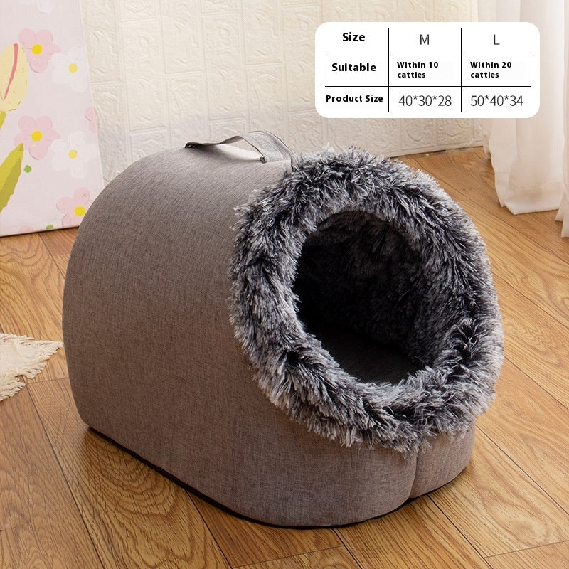 KFX-6755261 Cozy Fleece-Lined Cat Sleeping Bag Nest - Portable in Gray and Brown, Sizes M & L