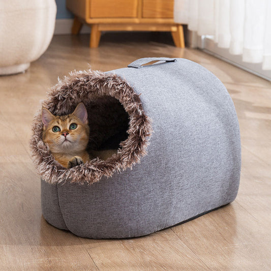 KFX-6755261 Cozy Fleece-Lined Cat Sleeping Bag Nest - Portable in Gray and Brown, Sizes M & L