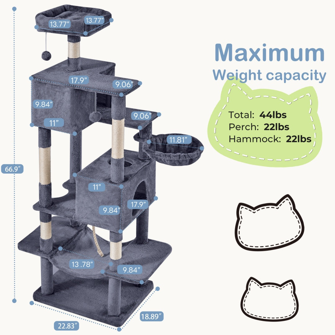 KFX-6756669 Large Multi-Level Cat Tree Tower with Cozy Hammocks and Condos for Indoor Cats and Kittens, 66 Inch