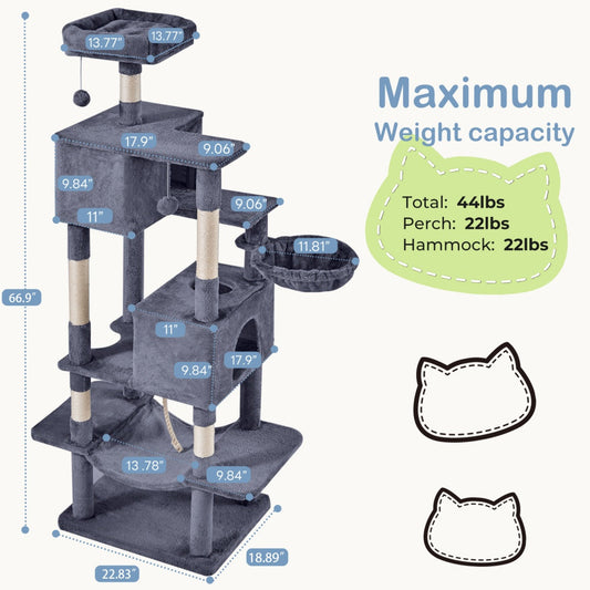 KFX-6756669 Large Multi-Level Cat Tree Tower with Cozy Hammocks and Condos for Indoor Cats and Kittens, 66 Inch
