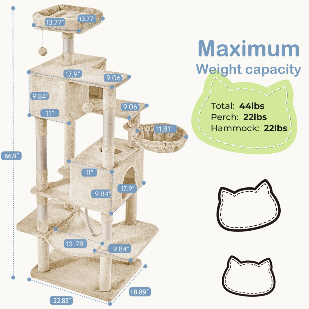 KFX-6756669 Large Multi-Level Cat Tree Tower with Cozy Hammocks and Condos for Indoor Cats and Kittens, 66 Inch
