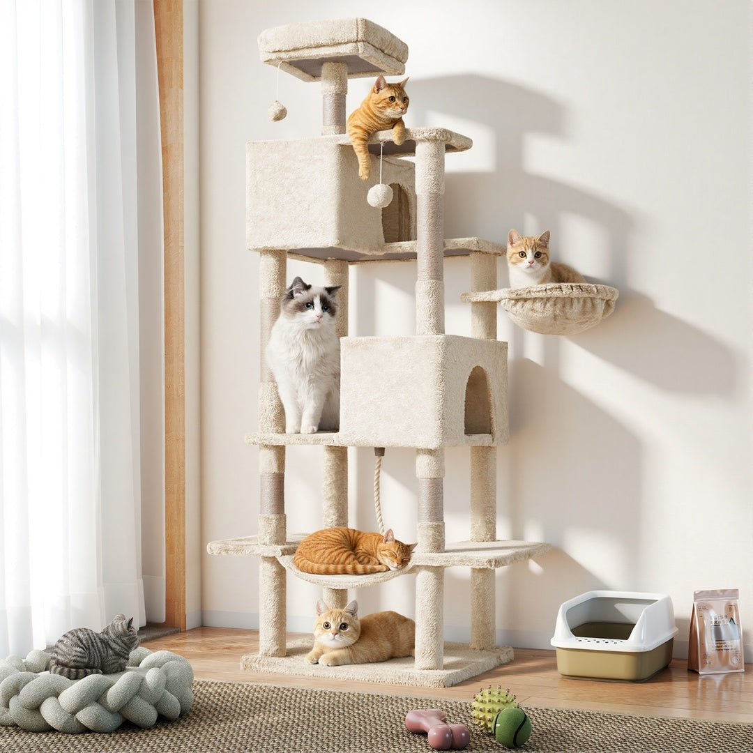 KFX-6756669 Large Multi-Level Cat Tree Tower with Cozy Hammocks and Condos for Indoor Cats and Kittens, 66 Inch