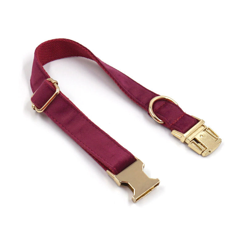 KFX-6762813 Soft Burgundy Velvet Dog Collar with Engravable Metal Clasp, Bow Tie and Leash Included