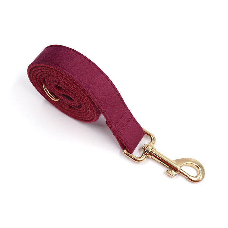 KFX-6762813 Soft Burgundy Velvet Dog Collar with Engravable Metal Clasp, Bow Tie and Leash Included