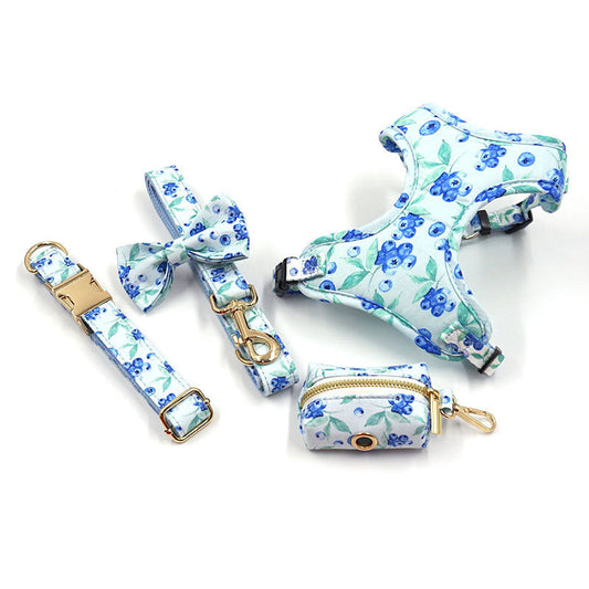 KFX-6772285 Blueberry Print Pet Chest Harness and Leash Set, Polyester Material, Multiple Sizes Available