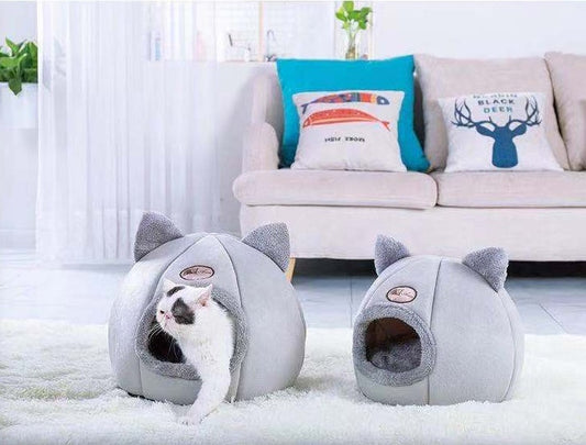 KFX-6772541 Semi-Enclosed Plush Lined Round Pet Bed for Cats and Dogs - Size M/L