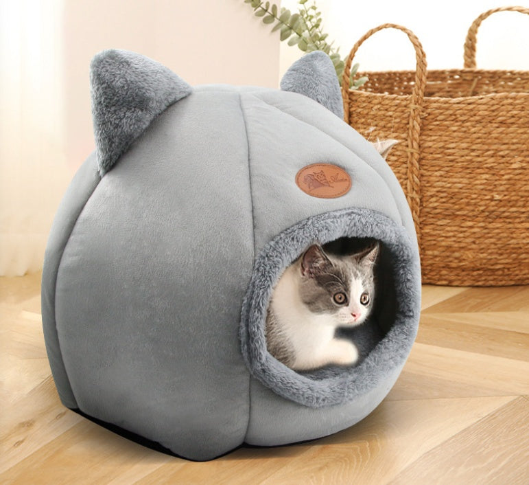 KFX-6772541 Semi-Enclosed Plush Lined Round Pet Bed for Cats and Dogs - Size M/L
