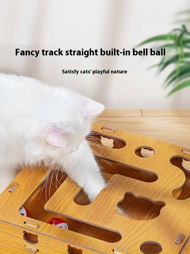 KFX-6778429 Interactive Wooden Cat Teasing Maze Box with Fun Stick and Bell Balls