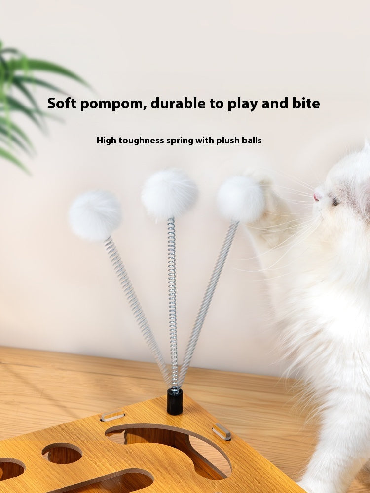 KFX-6778429 Interactive Wooden Cat Teasing Maze Box with Fun Stick and Bell Balls