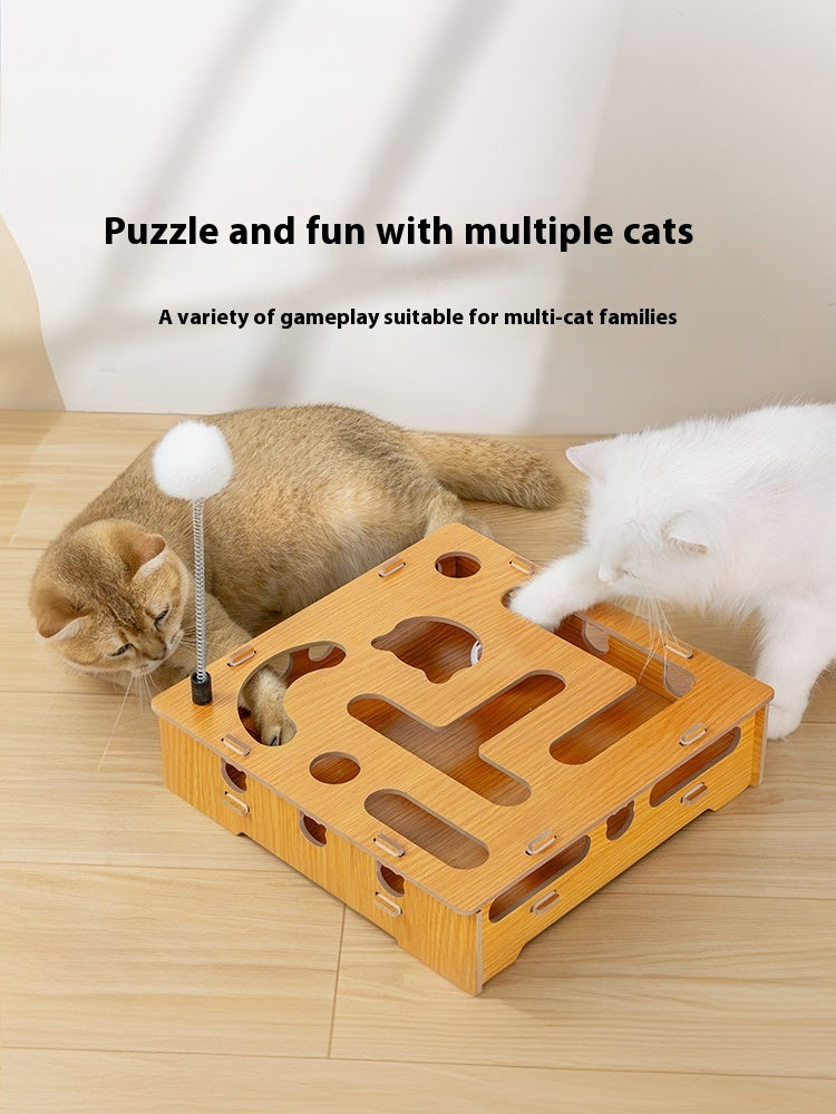 KFX-6778429 Interactive Wooden Cat Teasing Maze Box with Fun Stick and Bell Balls