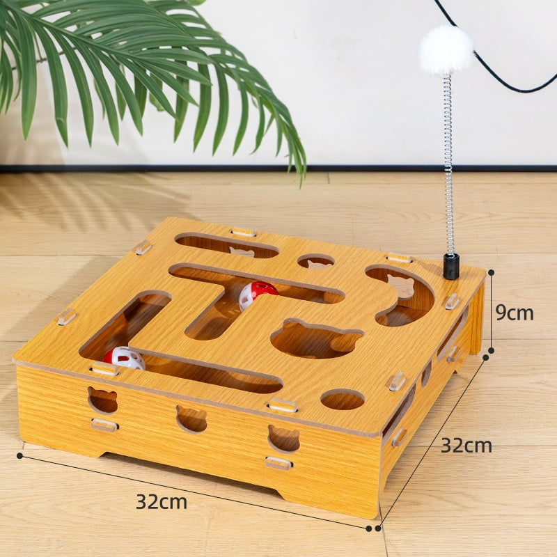 KFX-6778429 Interactive Wooden Cat Teasing Maze Box with Fun Stick and Bell Balls
