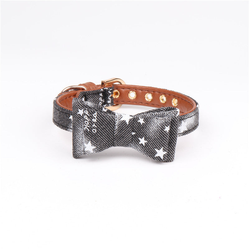 KFX-6780221 Cowboy Style PU Dog and Cat Collar with Adjustable Bow Tie - Available in Blue, Black, Pink