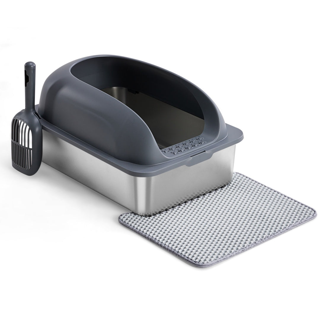 KFX-6789437 Large Stainless Steel Cat Litter Box with Lid, Non-Slip Base, Scoop and Mat Included