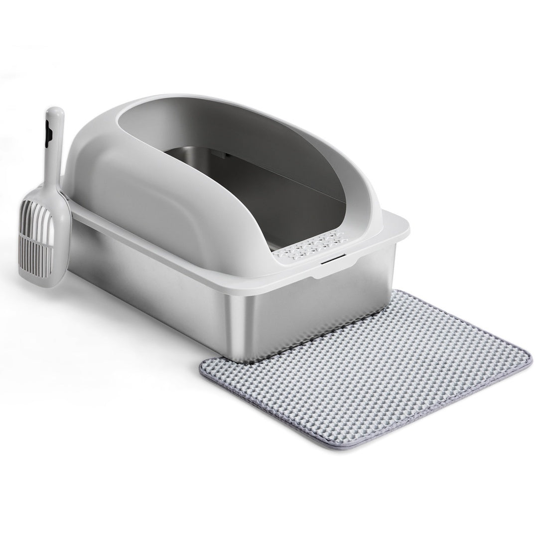 KFX-6789437 Large Stainless Steel Cat Litter Box with Lid, Non-Slip Base, Scoop and Mat Included