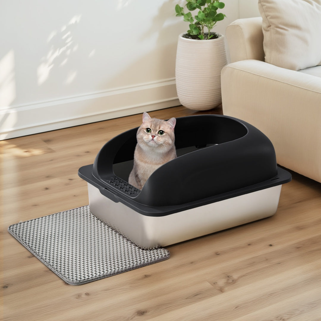 KFX-6789437 Large Stainless Steel Cat Litter Box with Lid, Non-Slip Base, Scoop and Mat Included