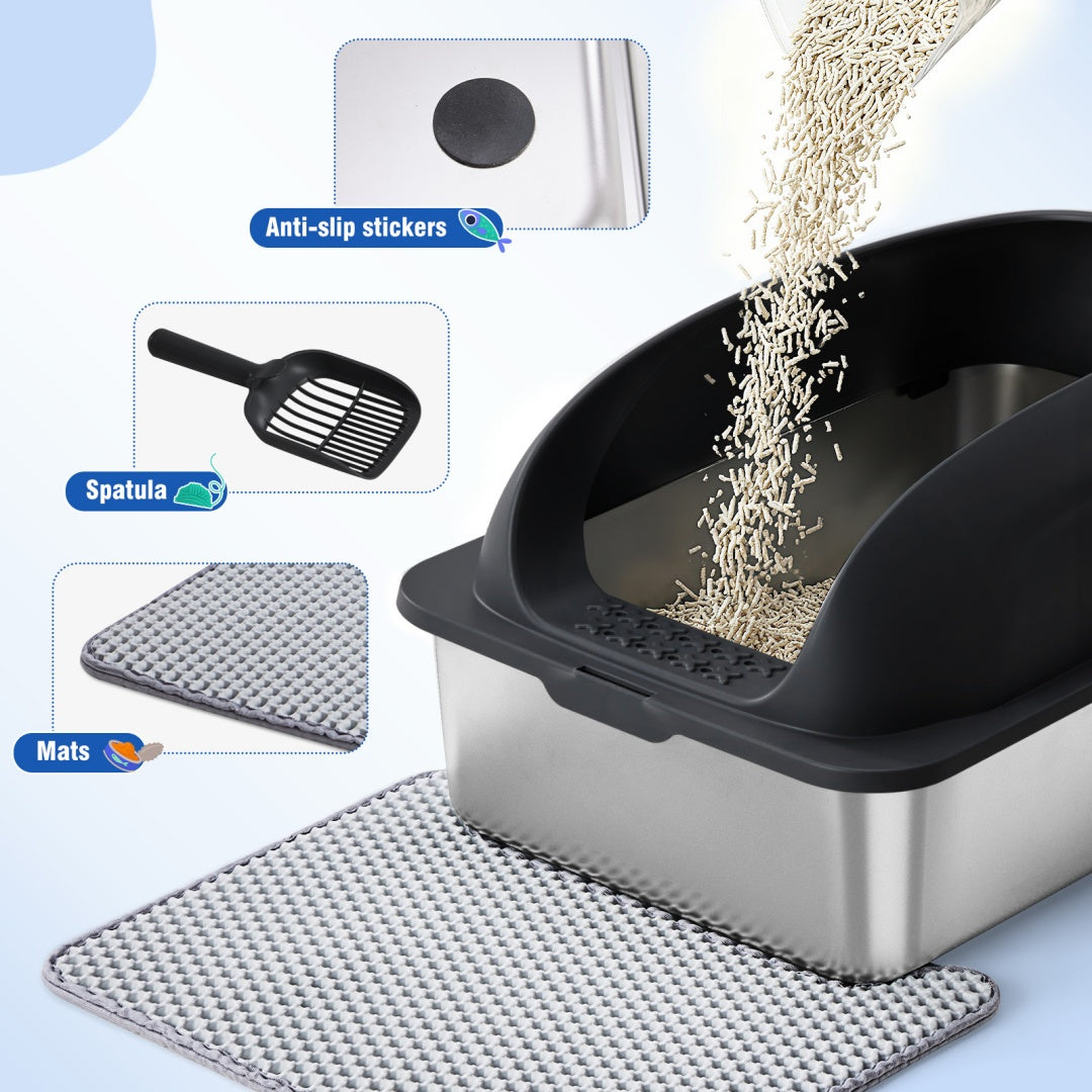 KFX-6789437 Large Stainless Steel Cat Litter Box with Lid, Non-Slip Base, Scoop and Mat Included