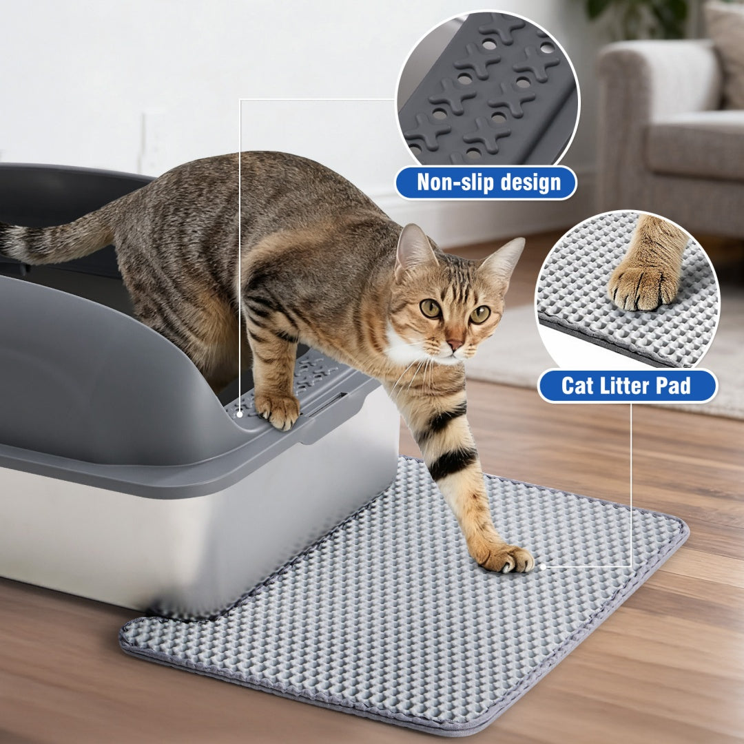 KFX-6789437 Large Stainless Steel Cat Litter Box with Lid, Non-Slip Base, Scoop and Mat Included