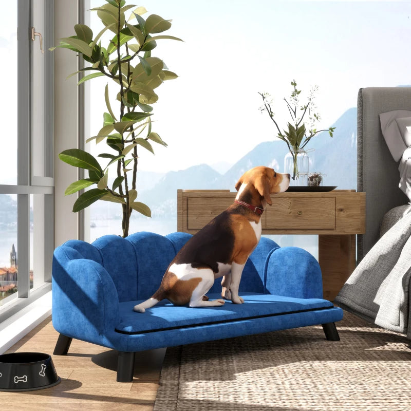 KFX-6795197 Elegant Dark Blue Pet Sofa Bed for Medium and Large Dogs with Removable Cushion and Solid Wood Legs