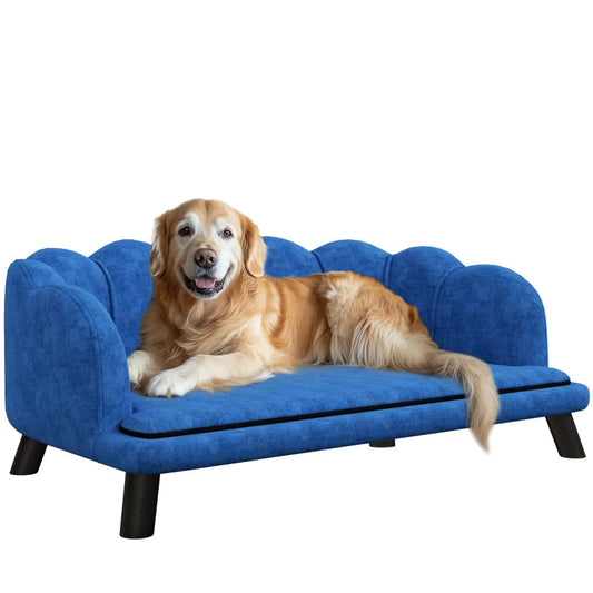 KFX-6795197 Elegant Dark Blue Pet Sofa Bed for Medium and Large Dogs with Removable Cushion and Solid Wood Legs
