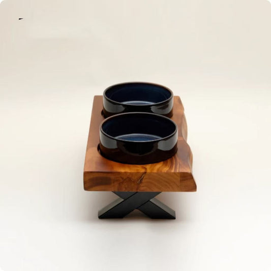 KFX-6795709 Stylish Anti-Tumble Wooden Frame Ceramic Pet Bowl Set in Various Colors
