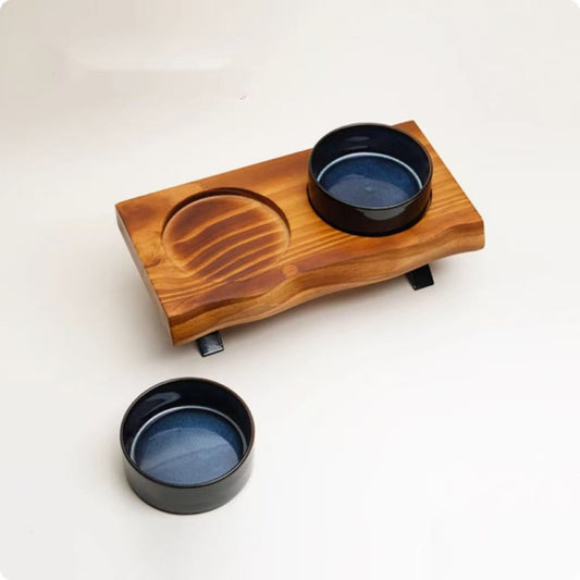 KFX-6795709 Stylish Anti-Tumble Wooden Frame Ceramic Pet Bowl Set in Various Colors