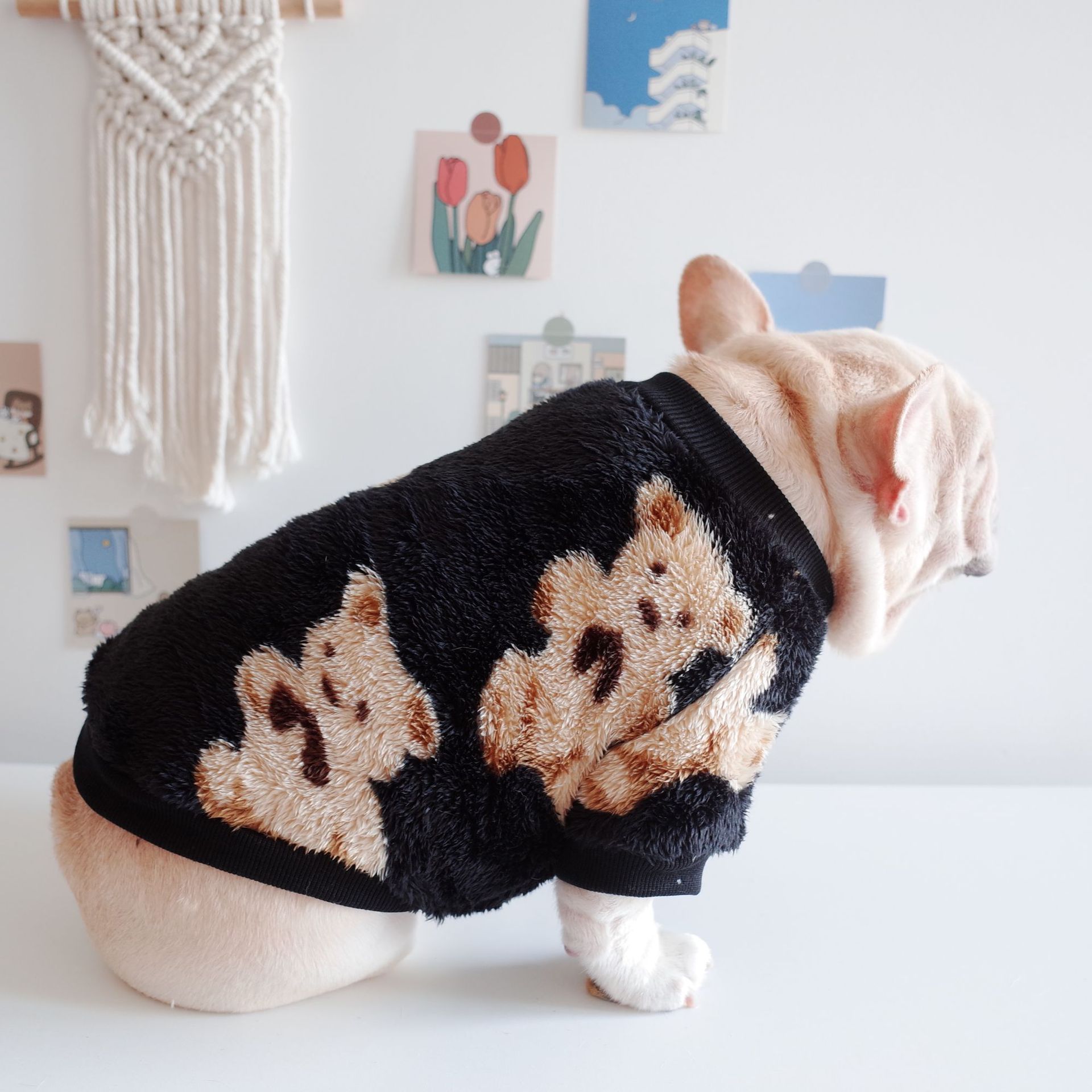 KFX-6800061 Dog Warm Plush Bear Print Two-Legged Winter Clothes in Black and White
