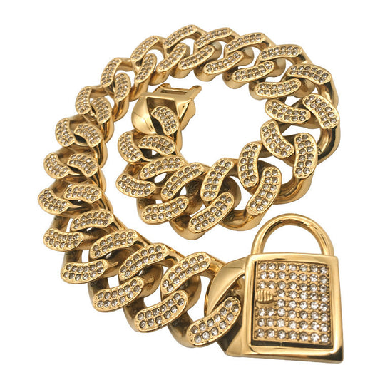 KFX-6801469 Stainless Steel Dog Collar with Diamond Buckle in Rose Gold, Gold, and Steel