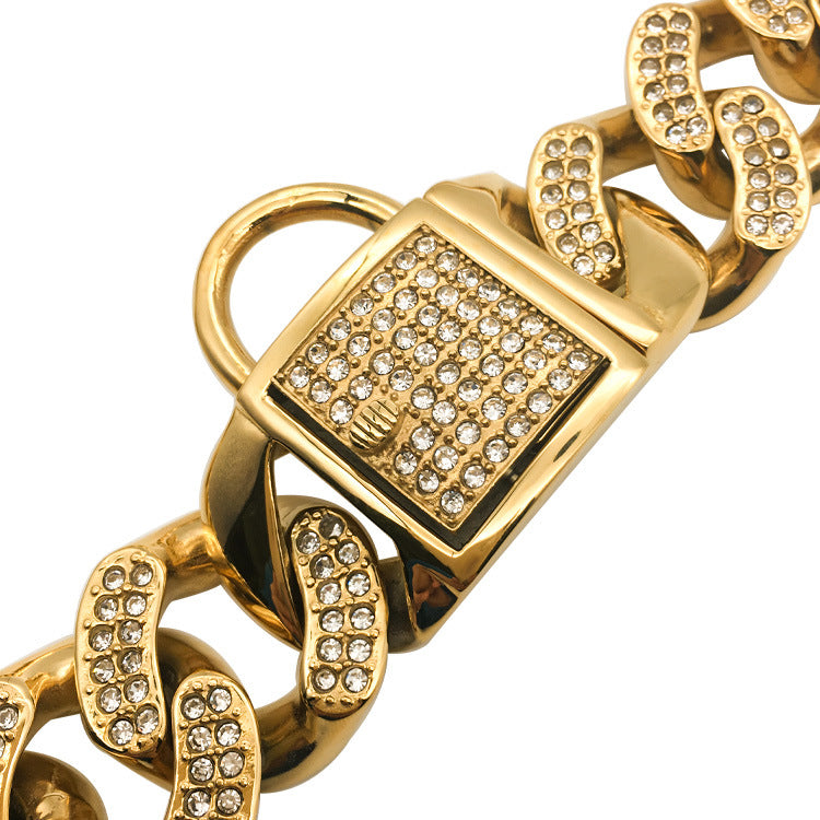 KFX-6801469 Stainless Steel Dog Collar with Diamond Buckle in Rose Gold, Gold, and Steel