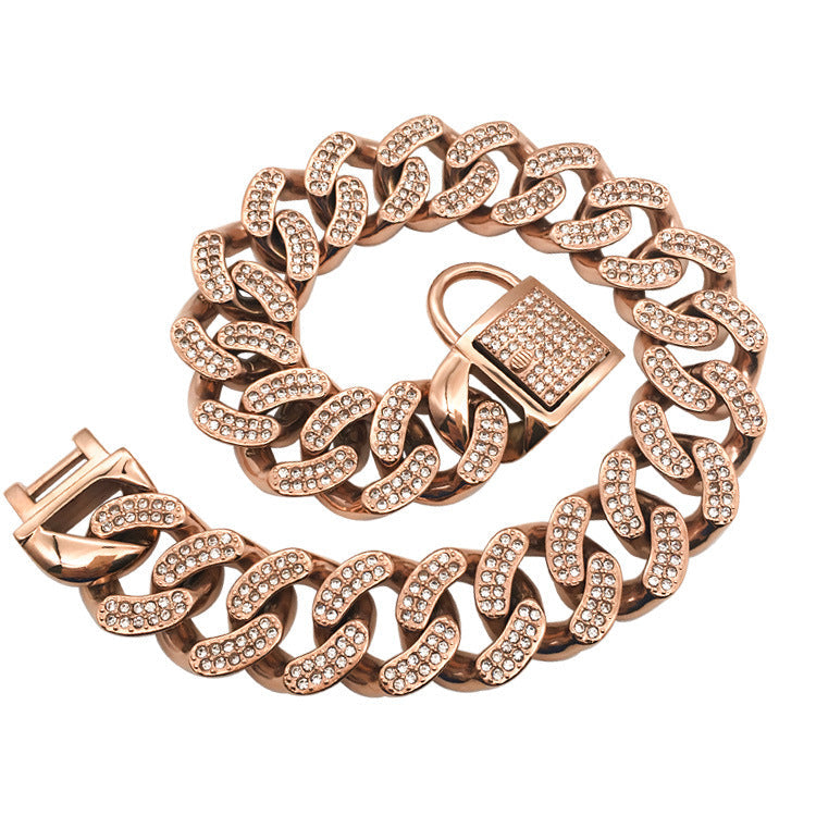 KFX-6801469 Stainless Steel Dog Collar with Diamond Buckle in Rose Gold, Gold, and Steel