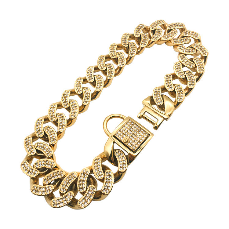KFX-6801469 Stainless Steel Dog Collar with Diamond Buckle in Rose Gold, Gold, and Steel