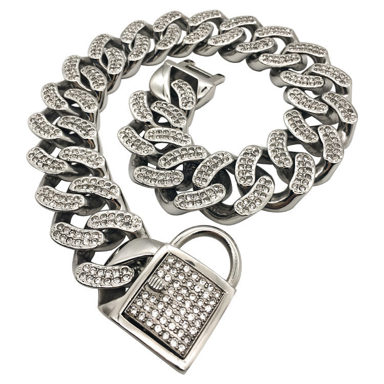 KFX-6801469 Stainless Steel Dog Collar with Diamond Buckle in Rose Gold, Gold, and Steel