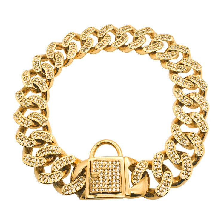 KFX-6801469 Stainless Steel Dog Collar with Diamond Buckle in Rose Gold, Gold, and Steel