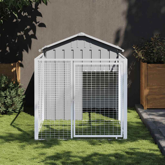 KFX-6803517 Steel Doghouse with Attached Run - 117 cm x 201 cm x 123 cm, Light Gray, Outdoor Pet Shelter