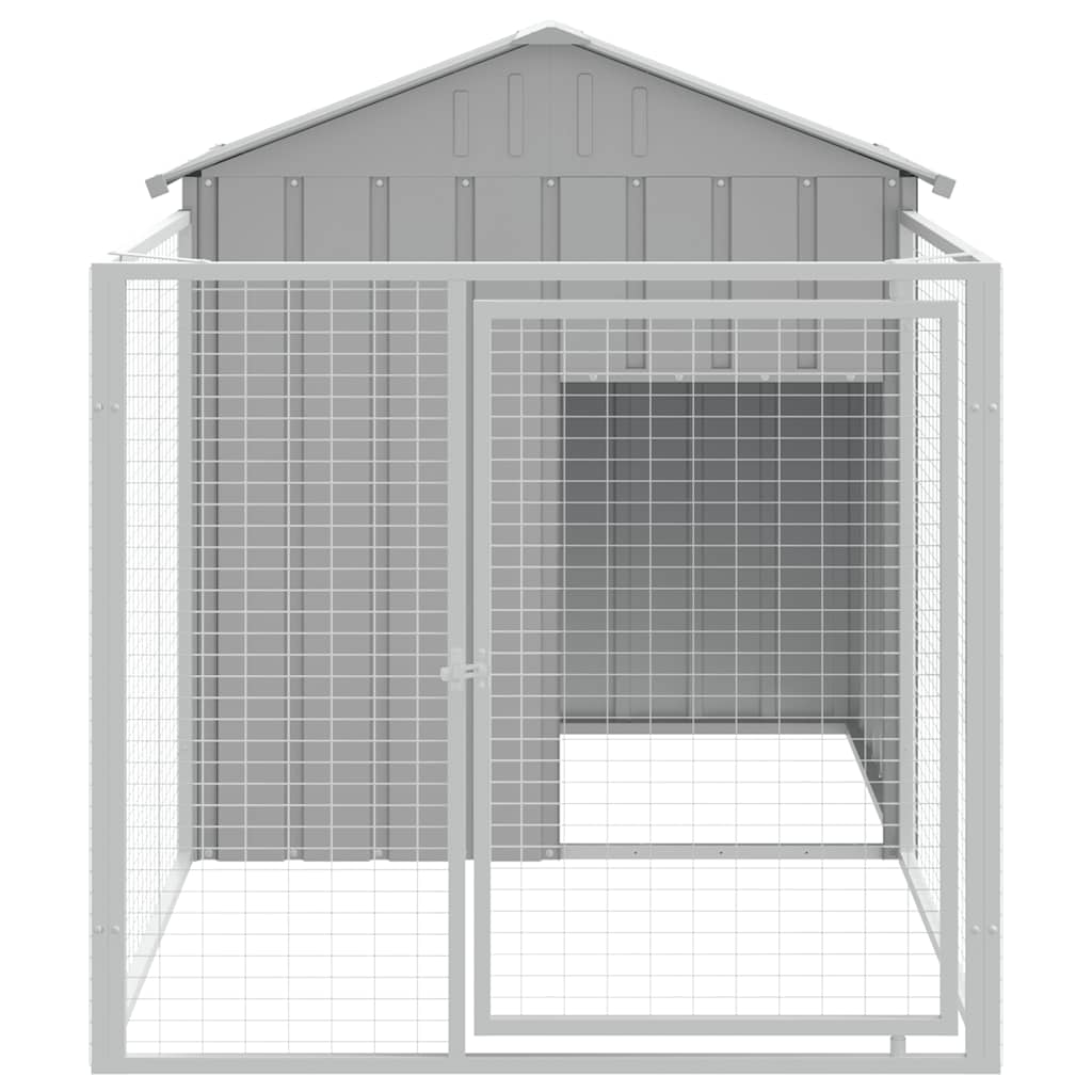 KFX-6803517 Steel Doghouse with Attached Run - 117 cm x 201 cm x 123 cm, Light Gray, Outdoor Pet Shelter