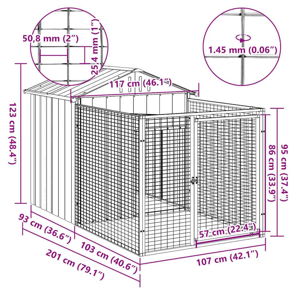 KFX-6803517 Steel Doghouse with Attached Run - 117 cm x 201 cm x 123 cm, Light Gray, Outdoor Pet Shelter