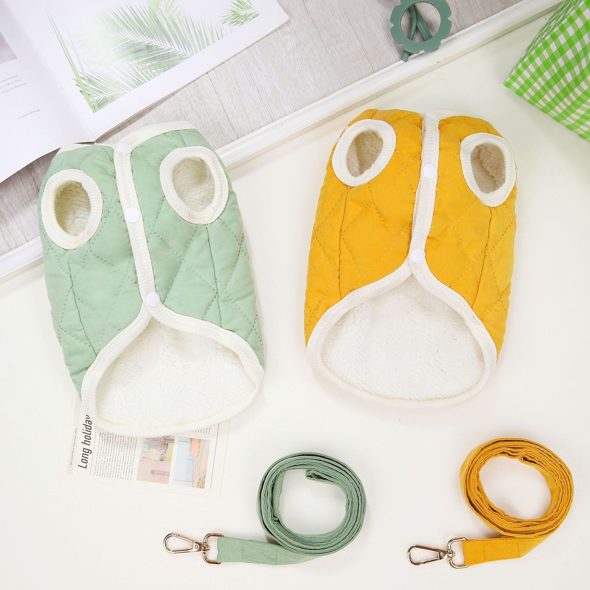 KFX-6807613 Diamond Pattern Cotton Vest for Pets in Green and Yellow - Sizes S to XXL