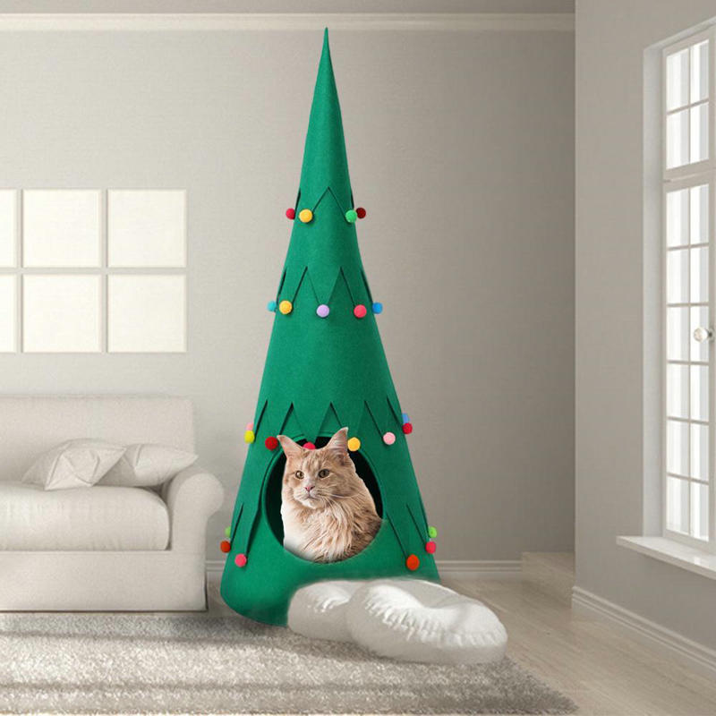 KFX-6810045 Foldable Green Pet Felt Christmas Tent for Cats and Dogs - Semi-Closed Design for All Seasons