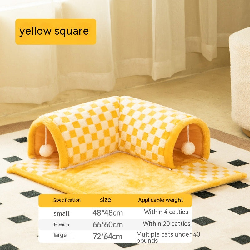 KFX-6810301 Warm Tunnel Pet Bed for Cats - Soft PP Cotton, Multiple Sizes Available in Yellow and Blue