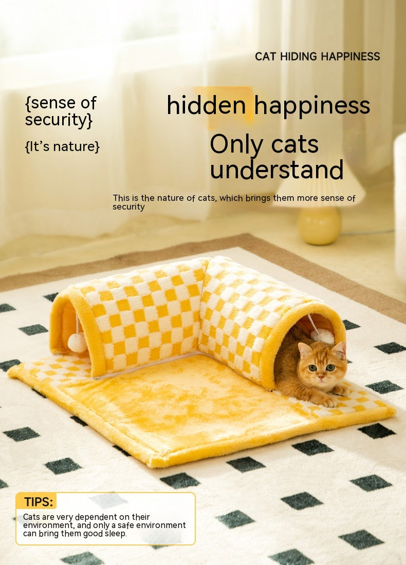 KFX-6810301 Warm Tunnel Pet Bed for Cats - Soft PP Cotton, Multiple Sizes Available in Yellow and Blue