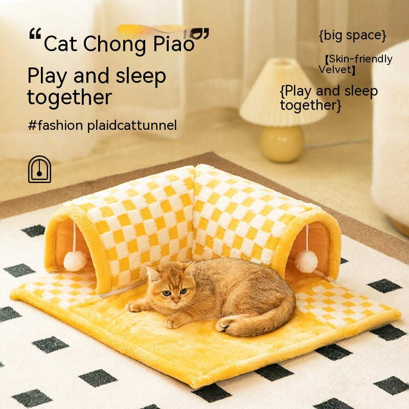 KFX-6810301 Warm Tunnel Pet Bed for Cats - Soft PP Cotton, Multiple Sizes Available in Yellow and Blue