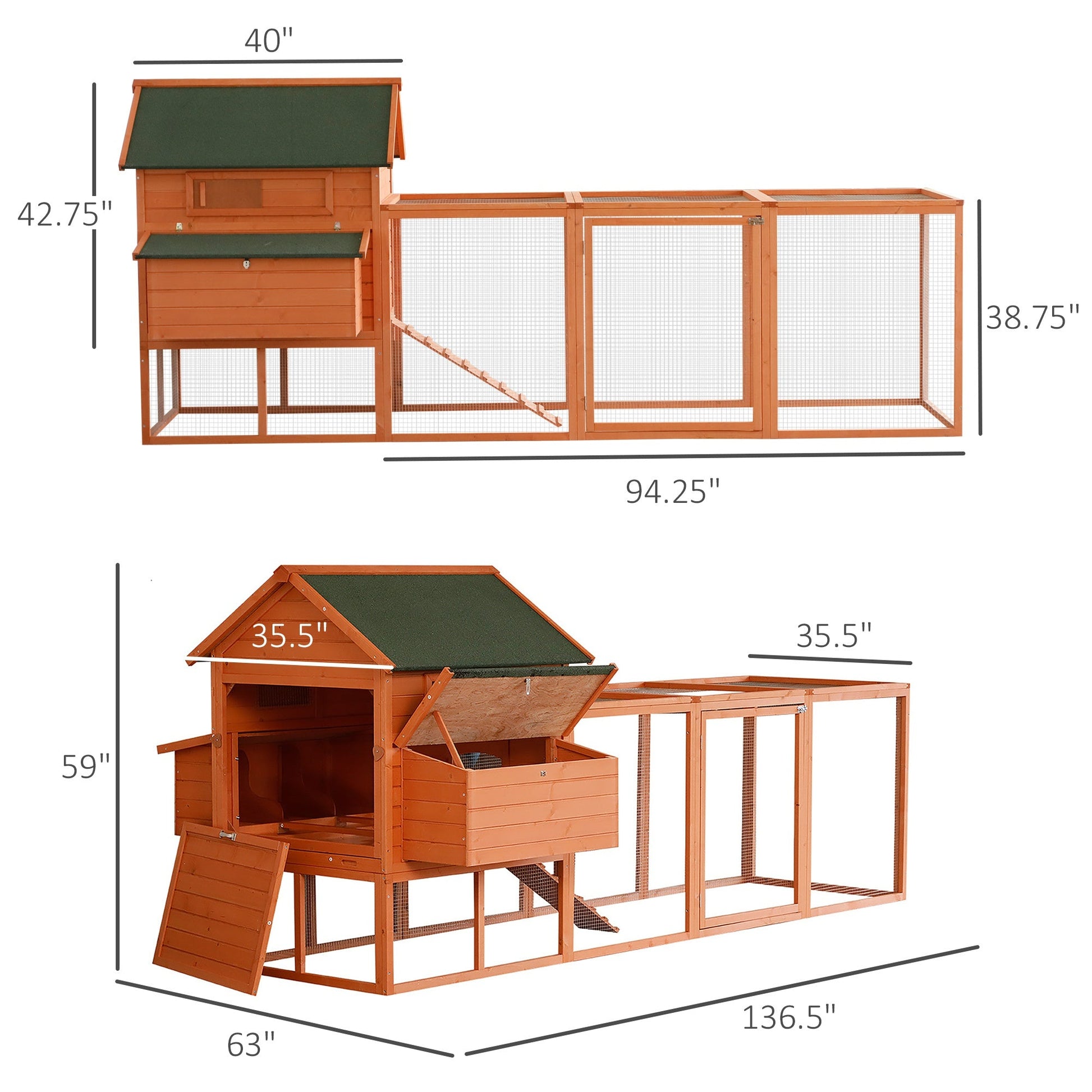 KFX-6814653 Deluxe 136.5" Chicken Coop with Nesting Box, Run, and Lockable Doors for Backyard Use