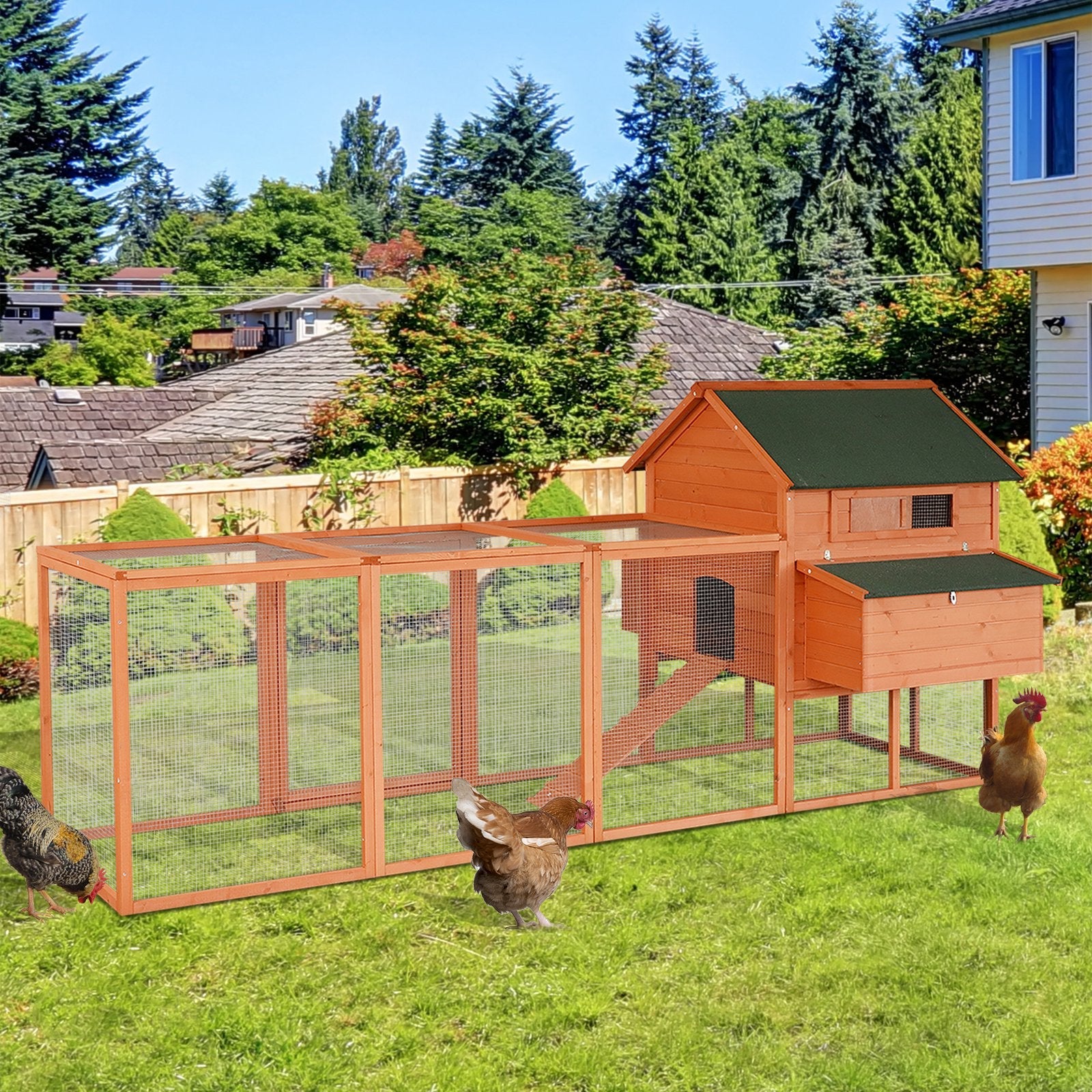 KFX-6814653 Deluxe 136.5" Chicken Coop with Nesting Box, Run, and Lockable Doors for Backyard Use