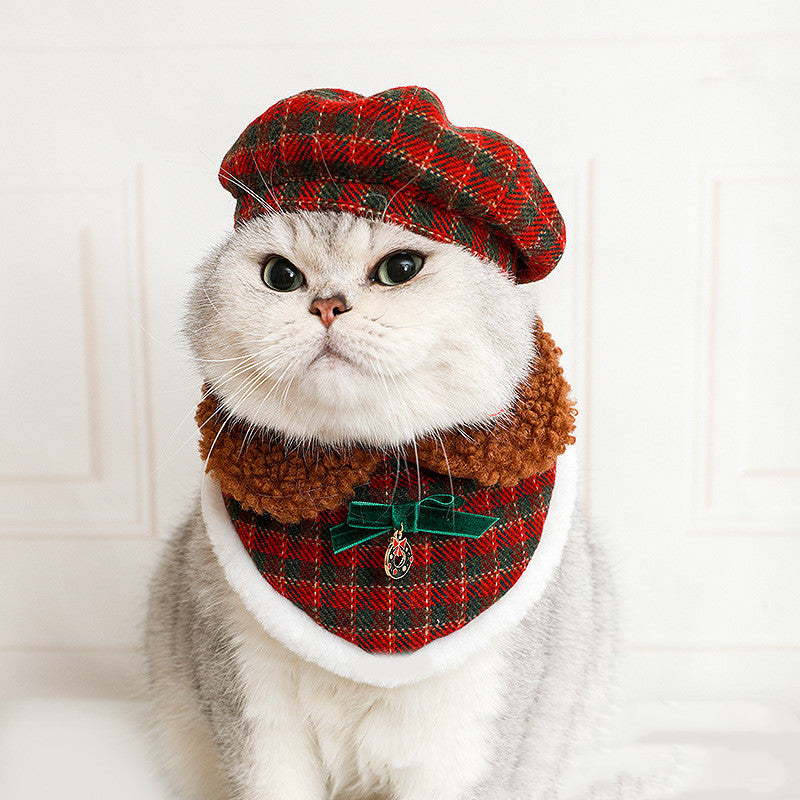KFX-6834237 Christmas Cat Hat and Fur Collar Bib Dress Up Clothes for Winter