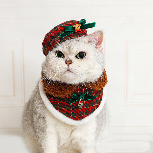 KFX-6834237 Christmas Cat Hat and Fur Collar Bib Dress Up Clothes for Winter